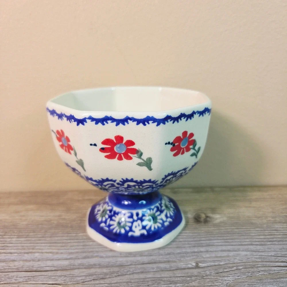 Polish Pottery Manufaktura Footed Bowl Octagon Dessert Cup Polish Stoneware Blue